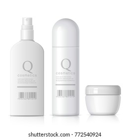 Set of cosmetic products on a white background. Cosmetic package collection for cream, soups, foams, shampoo, glue. Object, shadow, and reflection on separate layers. vector illustration.
