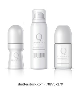 Set of cosmetic products on a white background. Cosmetic package collection for cream, soups, foams, shampoo, glue. Object, shadow, and reflection on separate layers. vector illustration.