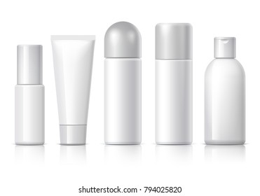 Set of cosmetic products on a white background. Cosmetic package collection for cream, soups, foams, shampoo, glue. Object, shadow, and reflection on separate layers. vector illustration.