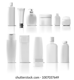 Set Of Cosmetic Products Package. Collection Of Cream, Soup, Foams, Shampoo. EPS10 Vector