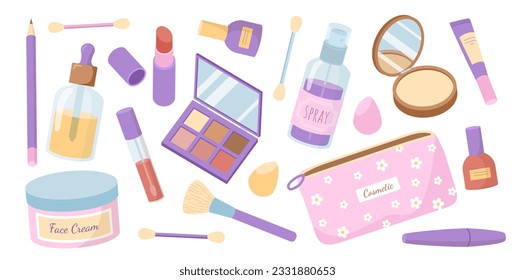 Conjunto de productos cosméticos. Polvo con espejo y fundación. Belleza, estética y elegancia. Palo de labios y crema facial. Envase para el cuidado de la piel. Colección vectorial plana de dibujos animados aislada en fondo blanco