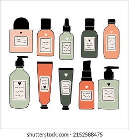 A set of cosmetic products for self care and skin care. Minimalistic flat vector illustrations for brands and ads.
