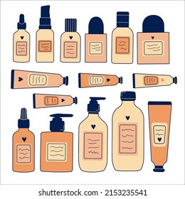 
A set of cosmetic products for self care and skin care. Minimalistic flat vector illustrations for brands and ads