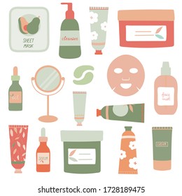 Set of cosmetic products and tools flat vector illustration. Green beauty. Mirror, serum, oil, face cream, hand cream, cleanser, face mask, eye patches, face mist. Self-care products.