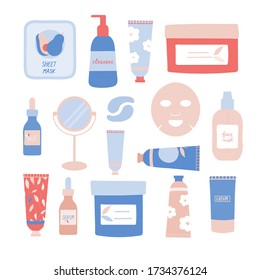 Set of cosmetic products and tools flat vector illustration. Green beauty. Mirror, serum, oil, face cream, hand cream, cleanser, face mask, eye patches, face mist. Self-care products.