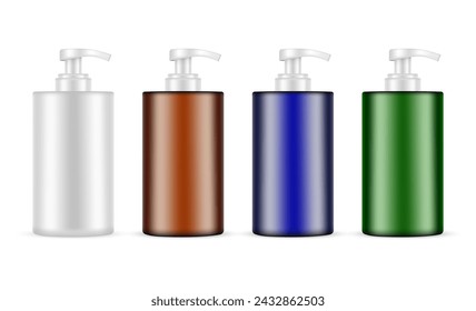 Set Of Cosmetic Pump Bottles Mockups, Plastic, Amber, Blue, Green, Isolated On White Background. Vector Illustration