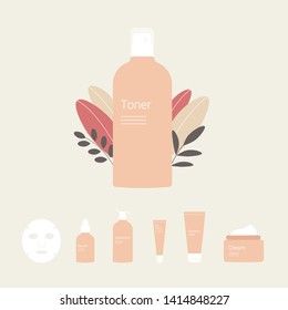 Set of cosmetic and skin care icons with plant leaves. Cleansing foam, face cream, serum, toner, mask, eye cream. Trendy flat style. Vector illustration.