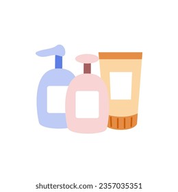 Conjunto de productos cosméticos de maquillaje para el cuidado de la piel, Noción, crema, limpiador. Ilustración aislada de diseño vectorial plano.