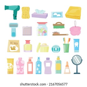 A set of cosmetic, spa and hygiene products for skin, teeth, hair care. Cream, mask, towel, shampoo. Vector illustration.