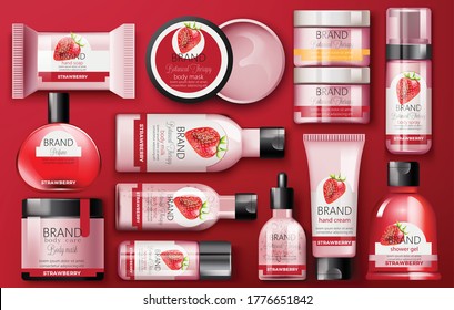 Conjunto de cosméticos con fresa con lugar para texto sobre fondo rojo. Leche corporal, crema de mano, gel de ducha, perfume, jabón, mascarilla y spray. Terapia botánica. Vector