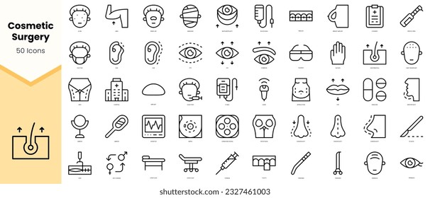 Conjunto de cirugía estética Iconos. Paquete de iconos de estilo de arte de línea simple. Ilustración del vector