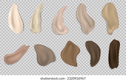 Set of cosmetic swatches different shapes. Light and dark, beige and brown makeup smears, stroke samples. Realistic foundation, concealer texture for various skin tones