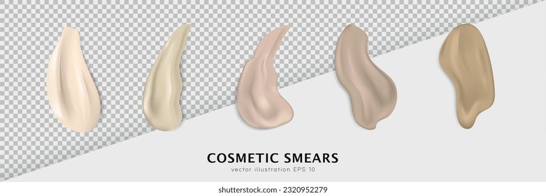 Set of cosmetic swatches different shapes. Light and dark, beige and brown makeup smears, stroke samples. Realistic foundation, concealer texture for various skin tones