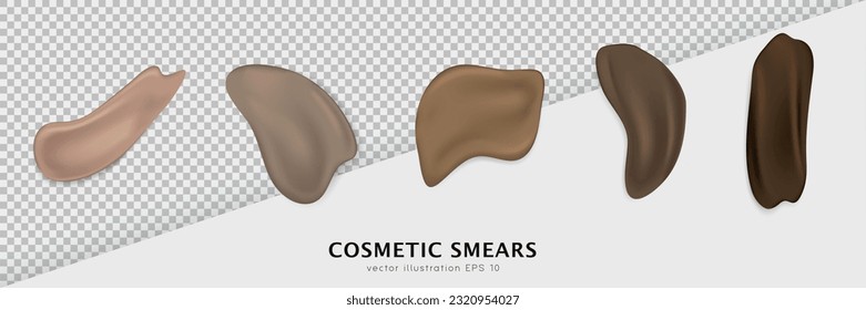 Set of cosmetic swatches different shapes. Light and dark brown makeup smears, stroke samples. Realistic foundation, concealer texture for various skin tones