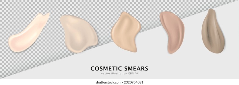 Set of cosmetic swatches different shapes. Light and dark, beige and brown makeup smears, stroke samples. Realistic foundation, concealer texture for various skin tones