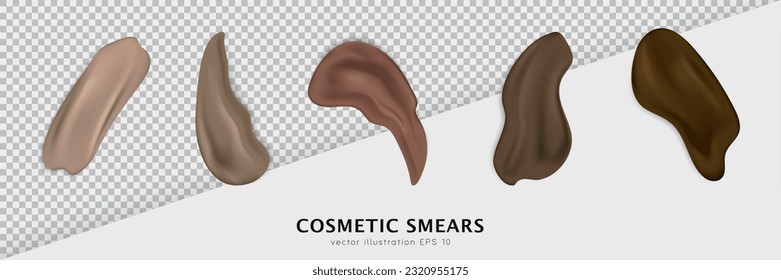 Set of cosmetic swatches different shapes. Light and dark brown makeup smears, stroke samples. Realistic foundation, concealer texture for various skin tones