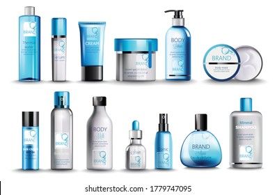 Set of cosmetic with thermal water, serum, cream, lotion, body mask, spray, milk, tonic, perfume and mineral shampoo. Product placement. Blue color. Realistic vector