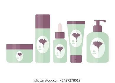 Set of cosmetic tools for daily beauty routine. Tubes and bottles for skin care and beauty with ginkgo biloba leaf logo. Vector illustration