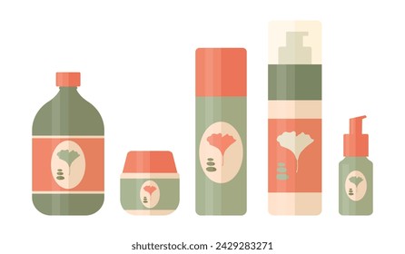 Set of cosmetic tools for daily beauty routine. Tubes and bottles for skin care and beauty with ginkgo biloba leaf logo design. Vector illustration