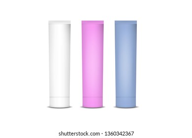Set of cosmetic tube for cream or toothpaste. Plastic packaging mockup, vector illustration