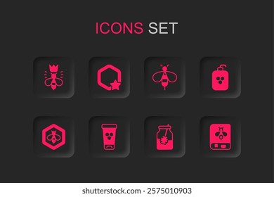 Set Cosmetic tube with honey, Honeycomb, Queen bee, Jar of and dipper stick, Book about, Bee and honeycomb icon. Vector