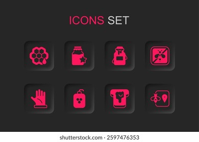 Set Cosmetic tube with honey, Jar of, Honeycomb, Bread, Stop bee, Bee location,  and Beekeeper glove icon. Vector