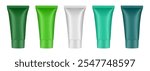 Set of cosmetic tubes. 3d mockup. Green, white and teal colors. Hand cream, mask or lotion. Professional shampoo