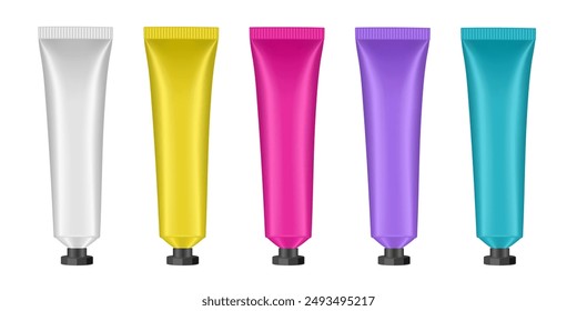 Set of cosmetic tubes. 3d mockup. White, yellow, pink,purple and blue colors. Concealer or foundation. Salve or ointment. Black cap. Plastic bottle	
