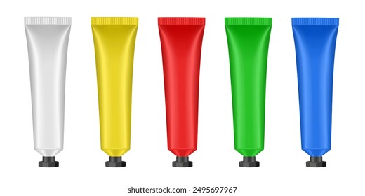 Set of cosmetic tubes. 3d mockup. White, yellow, red, green and blue colors. Concealer or foundation. Salve or ointment. Black cap. Plastic bottle	