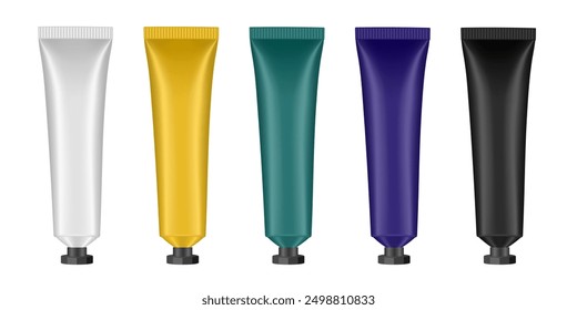 Set of cosmetic tubes. 3d mockup. White, gold, green, purple and black colors. Concealer or foundation. Salve or ointment. Black cap. Plastic bottle	