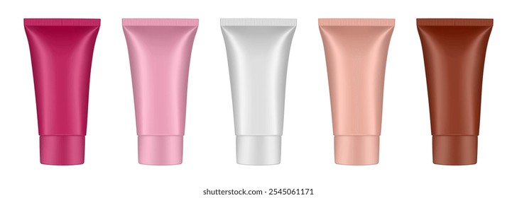 Set of cosmetic tubes. 3d mockup. Red, pink, white, beige and brown colors. Hand cream, mask or lotion. Professional shampoo