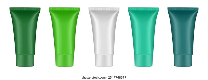 Set of cosmetic tubes. 3d mockup. Green, white and teal colors. Hand cream, mask or lotion. Professional shampoo