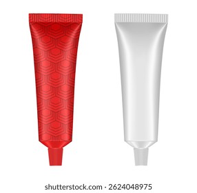 Set of cosmetic tubes. 3d mockup. Red pattern and white basic color. Toothpaste or ointment