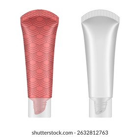 Set of cosmetic tubes. 3d mockup. Coral red pattern and white basic color. Lip gloss, balm or serum	