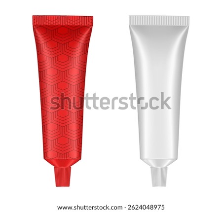 Set of cosmetic tubes. 3d mockup. Red pattern and white basic color. Toothpaste or ointment