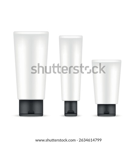 Set of cosmetic tubes with black caps — realistic mockup of three sizes on white background