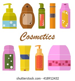 Set of Cosmetic tubes. Flat icons.  Packaging of shower gel, shampoo, soap, cream. Cosmetic bottles. Design for a cosmetics store or Spa. Bright colors. Vector illustration.
