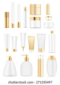 Set of cosmetic tubes isolated on white. Gold and white colors. Place for your text. Vector