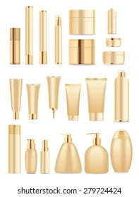 Set of cosmetic tubes isolated on white. Gold and white colors. Place for your textVector