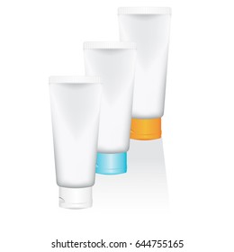 set cosmetic tubes isolated on white background. colored caps. packaging for gel, cream, lotion, sunscreen. vector illustration.