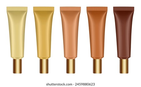 Conjunto de tubos cosméticos con tapa larga. maqueta 3d. Colores dorado, marrón, bronce y marrón. Crema de manos, mascarilla o loción. Tapa dorada