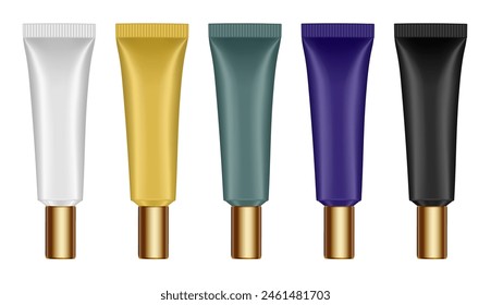 Set von Kosmetikröhrchen mit langer Kappe. 3D-Modell. Gold, Weiß, Grün, Violett und Schwarz. Handcreme, Maske oder Lotion. Goldkappe	