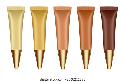 Set of cosmetic tubes with long cap. 3d mockup. Gold, brown, bronze and tan colors. Hand cream, mask or lotion. Gold cap	