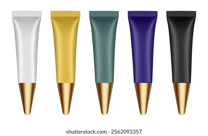 Set of cosmetic tubes with long cap. 3d mockup. Gold, white, green, purple and black colors. Hand cream, mask or lotion. Gold cap	
