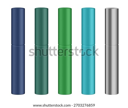 Set of cosmetic tubes. Mascara, liquid eye liner. Midnight blue, green, turquoise, and silver bottles