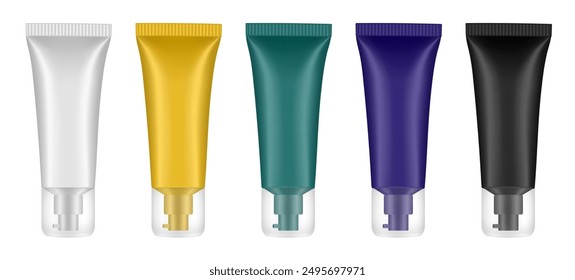 Set of cosmetic tubes with pump and transparent cap. White, gold, green, purple and black bottles.. Gel, serum or foundation. Korean packaging. 