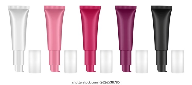 Set of cosmetic tubes with pump and transparent cap. White, pink, red, purple and black bottles.. Gel, serum or foundation. Korean packaging.