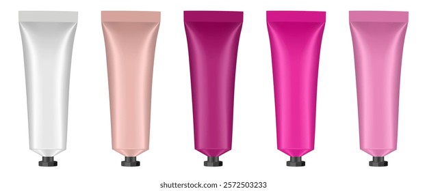 Set of cosmetic tubes with small screw cap. 3d mockup. Red, pink, white, beige and bwhite colors. Hand cream, mask or lotion.