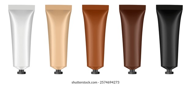 Set of cosmetic tubes with small screw cap. 3d mockup. Black, brown, beige and white colors. Hand cream, mask or lotion.