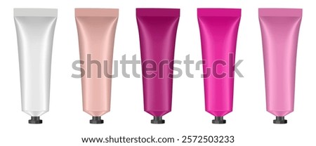 Set of cosmetic tubes with small screw cap. 3d mockup. Red, pink, white, beige and white colors. Hand cream, mask or lotion.